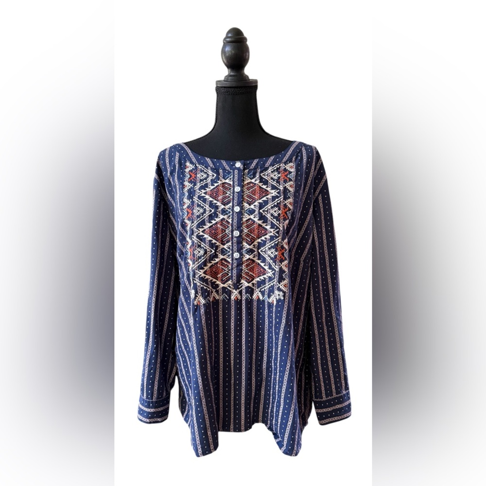 Panhandle: Navy Blue and White Embroidered Women's Western BoHo Cotton Top